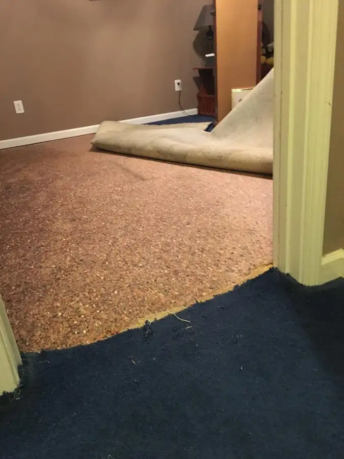 Carpet pad removal revealing water damage during Drying & Dehumidification in Phelan